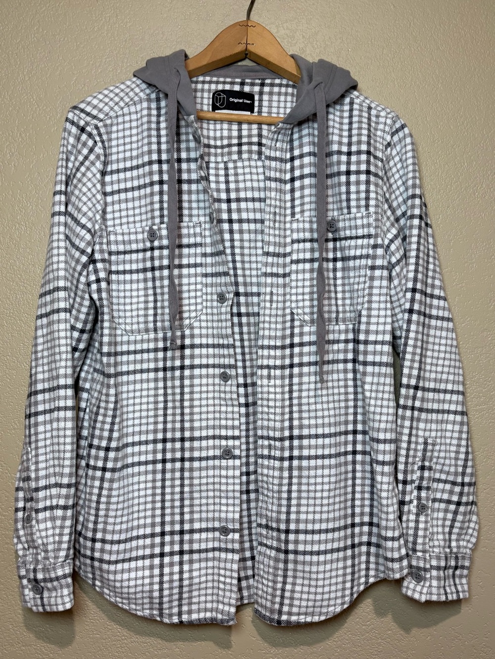 Original Use Gray and White Plaid Hooded Shirt Jacket